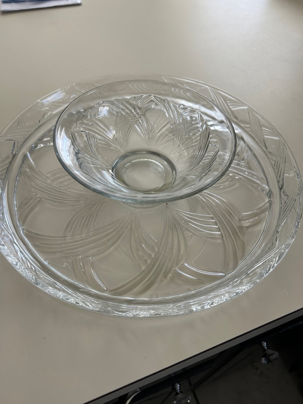 Anchor Hocking Clear Glass Serving Platter with attached Dip Bowl